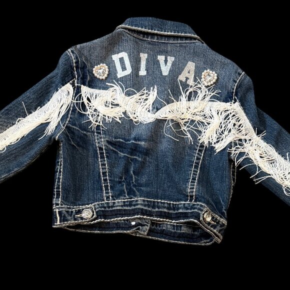Custom One Of A Kind "Diva" Fringe and Rhinestone Jean Denim Jacket Kids Size L - Picture 5 of 6